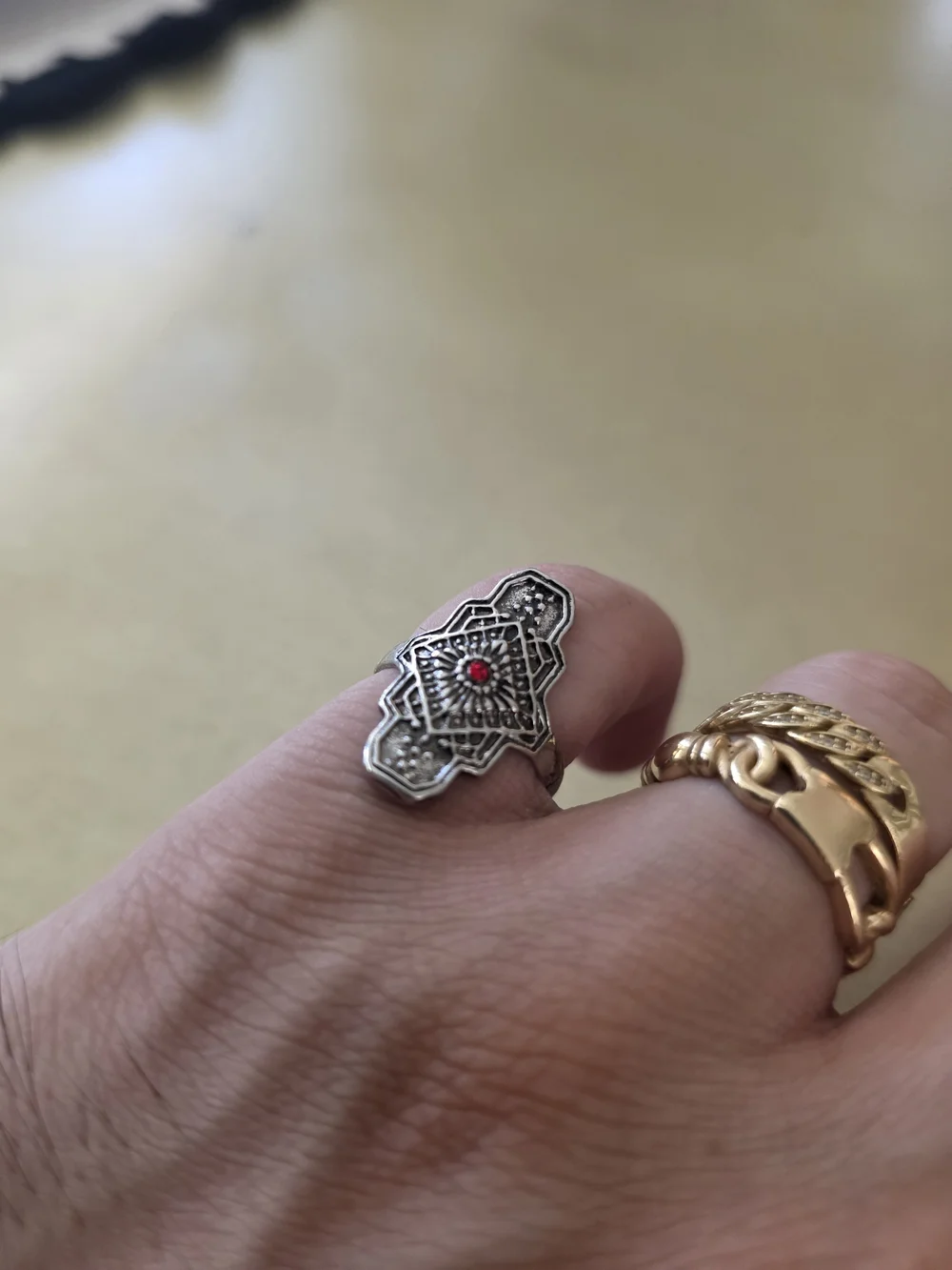 Silver-Color Filigree Ring with Red Accent Stone